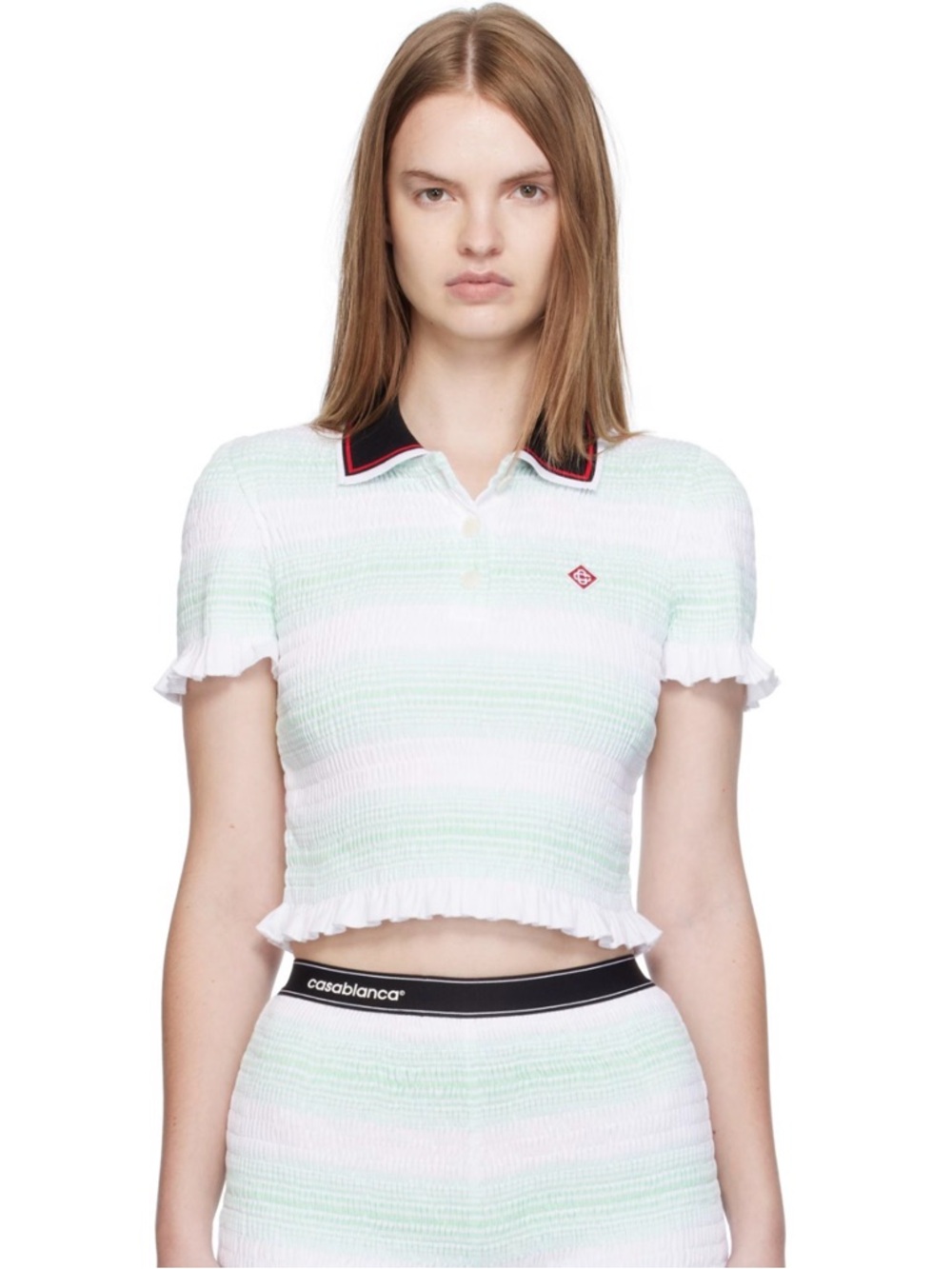 Pastel Green and White Striped Polo Crop Top with Contrast Collar